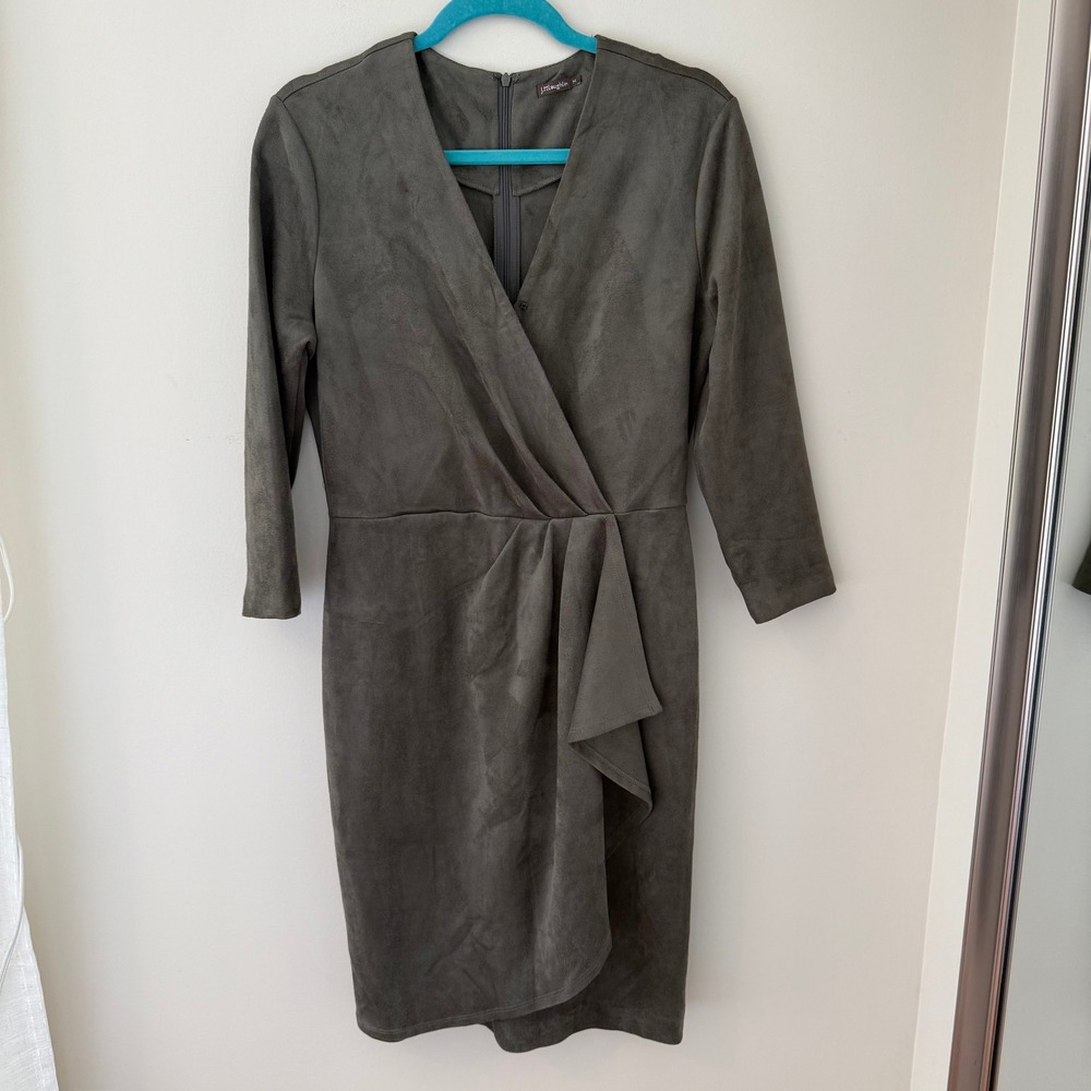 J.McLaughlin Olive Green Faux Suede Surplice V-Neck Ruffle Sheath Dress M